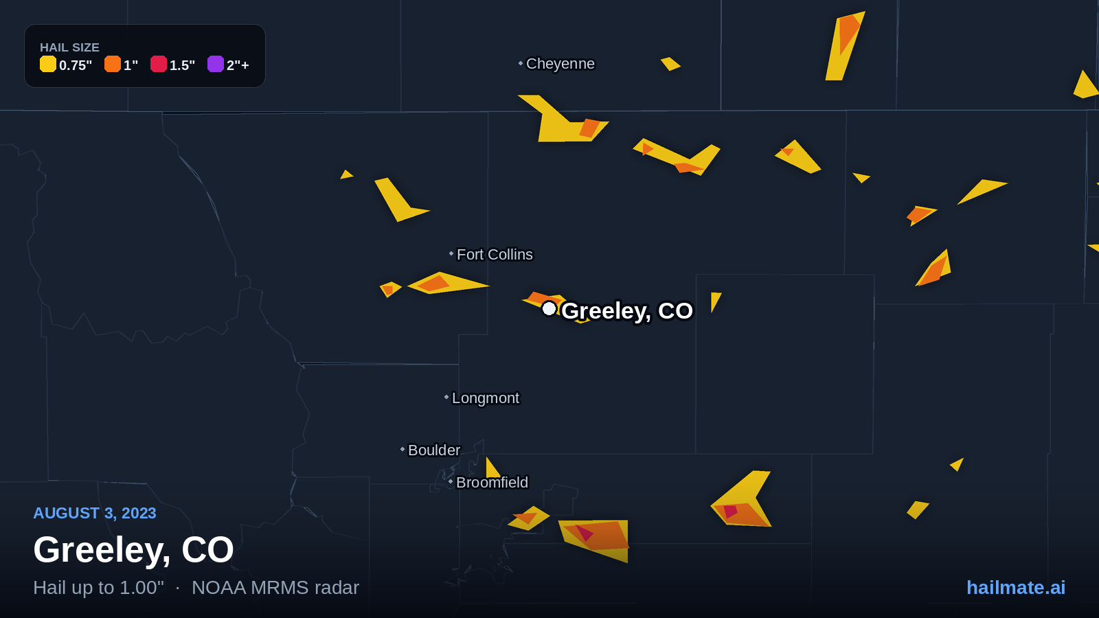 Hail swath map for Greeley, CO on August 3, 2023 showing 1.00 inch hail.