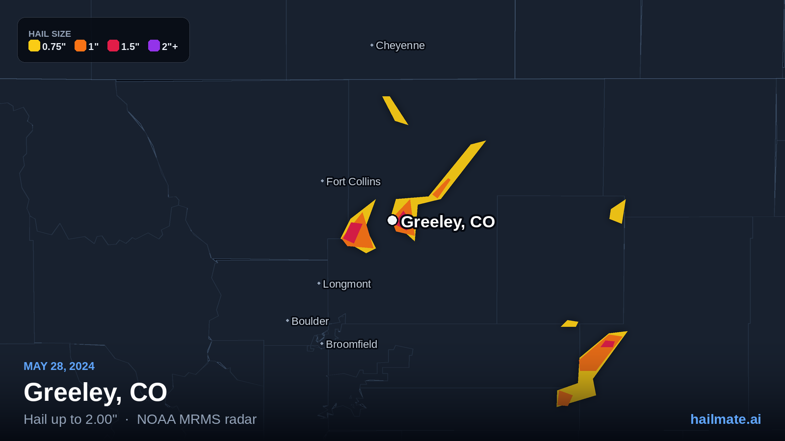 Hail swath map for Greeley, CO on May 28, 2024 showing 2.00 inch hail.