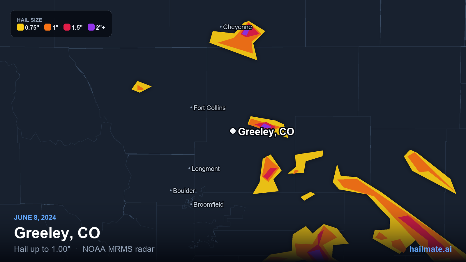 Hail swath map for Greeley, CO on June 8, 2024 showing 1.00 inch hail.