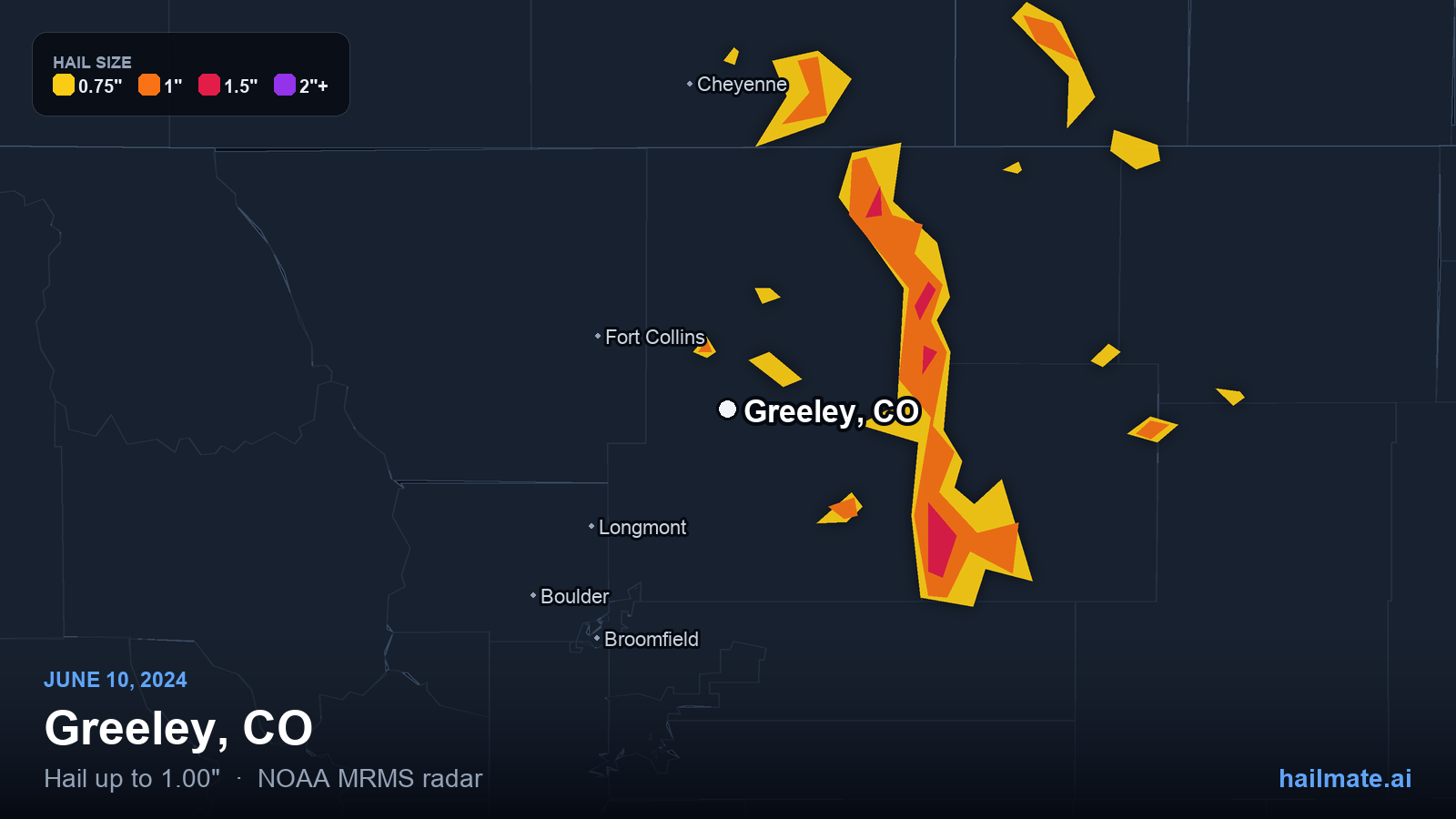 Hail swath map for Greeley, CO on June 10, 2024 showing 1.00 inch hail.