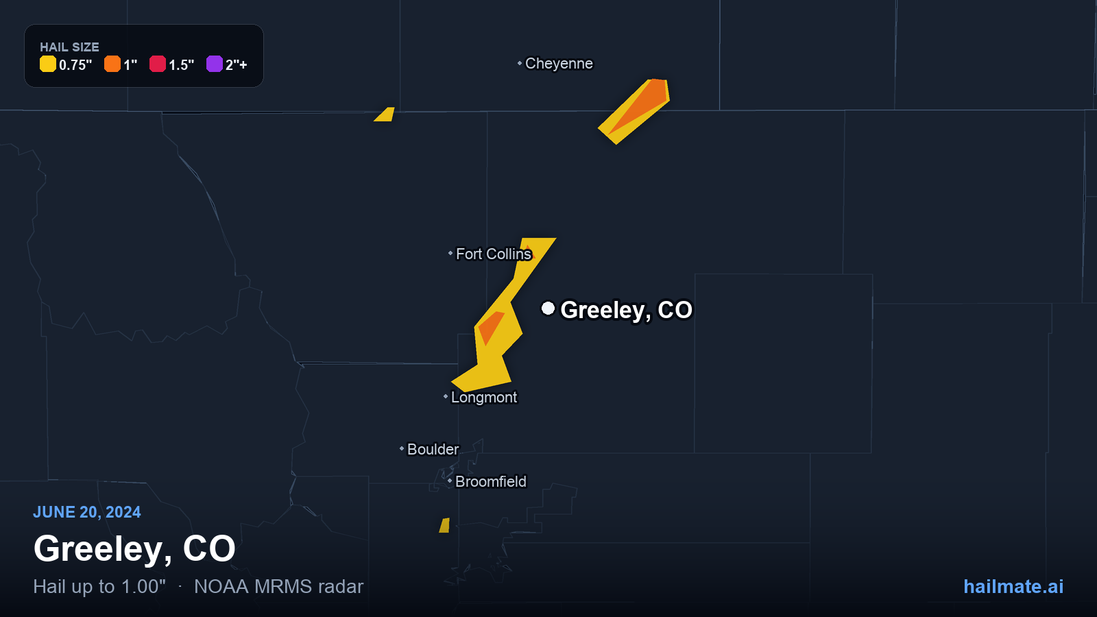 Hail swath map for Greeley, CO on June 20, 2024 showing 1.00 inch hail.
