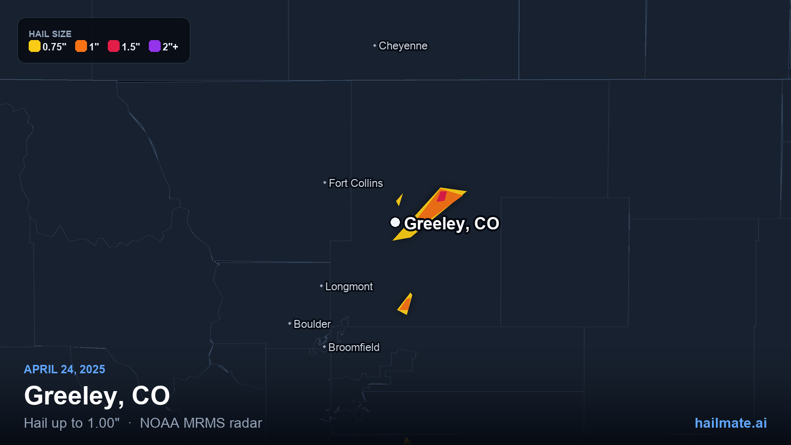 Hail swath map for Greeley, CO on April 24, 2025 showing 1.00 inch hail.