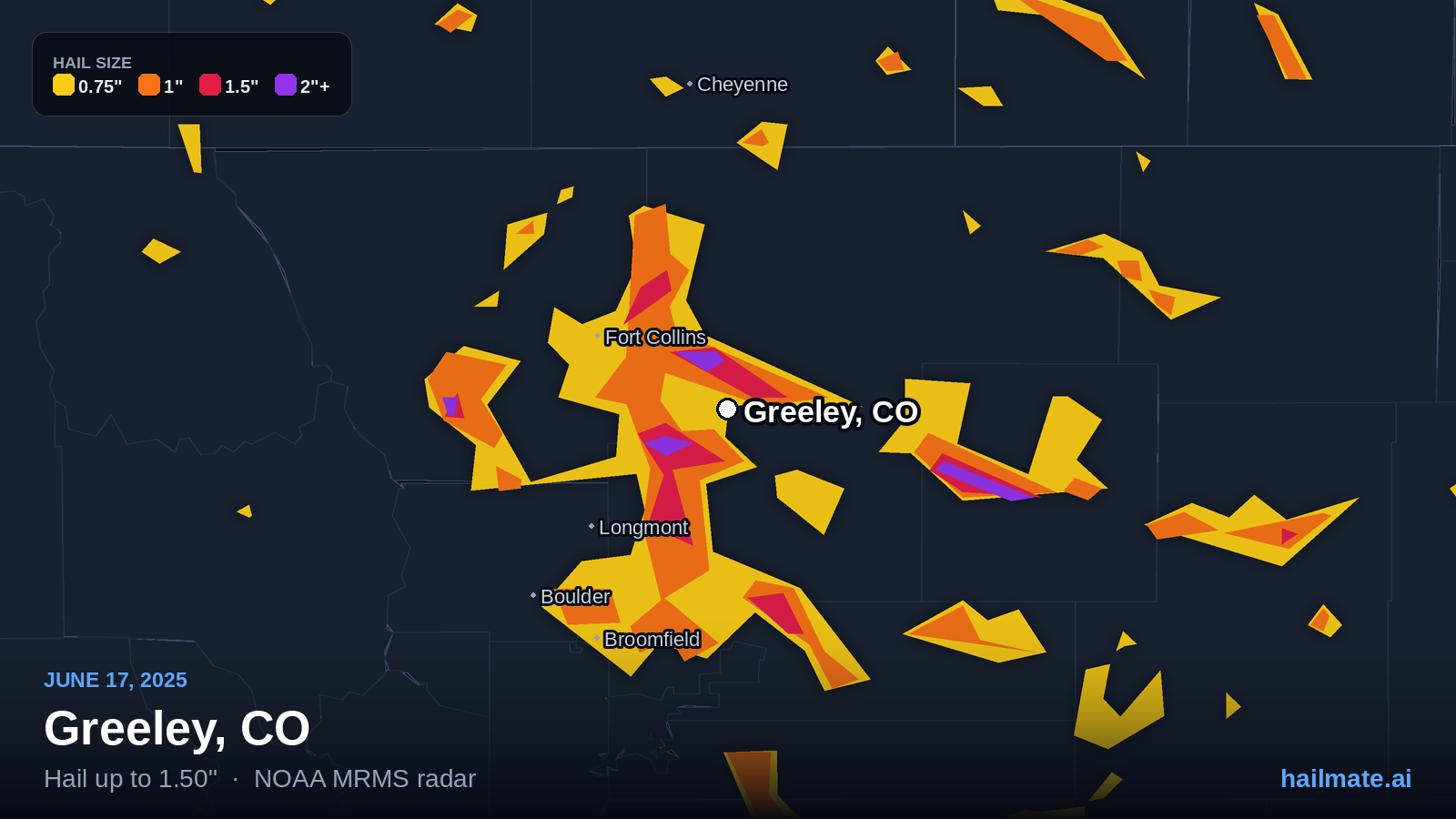 Hail swath map for Greeley, CO on June 17, 2025 showing 1.50 inch hail.