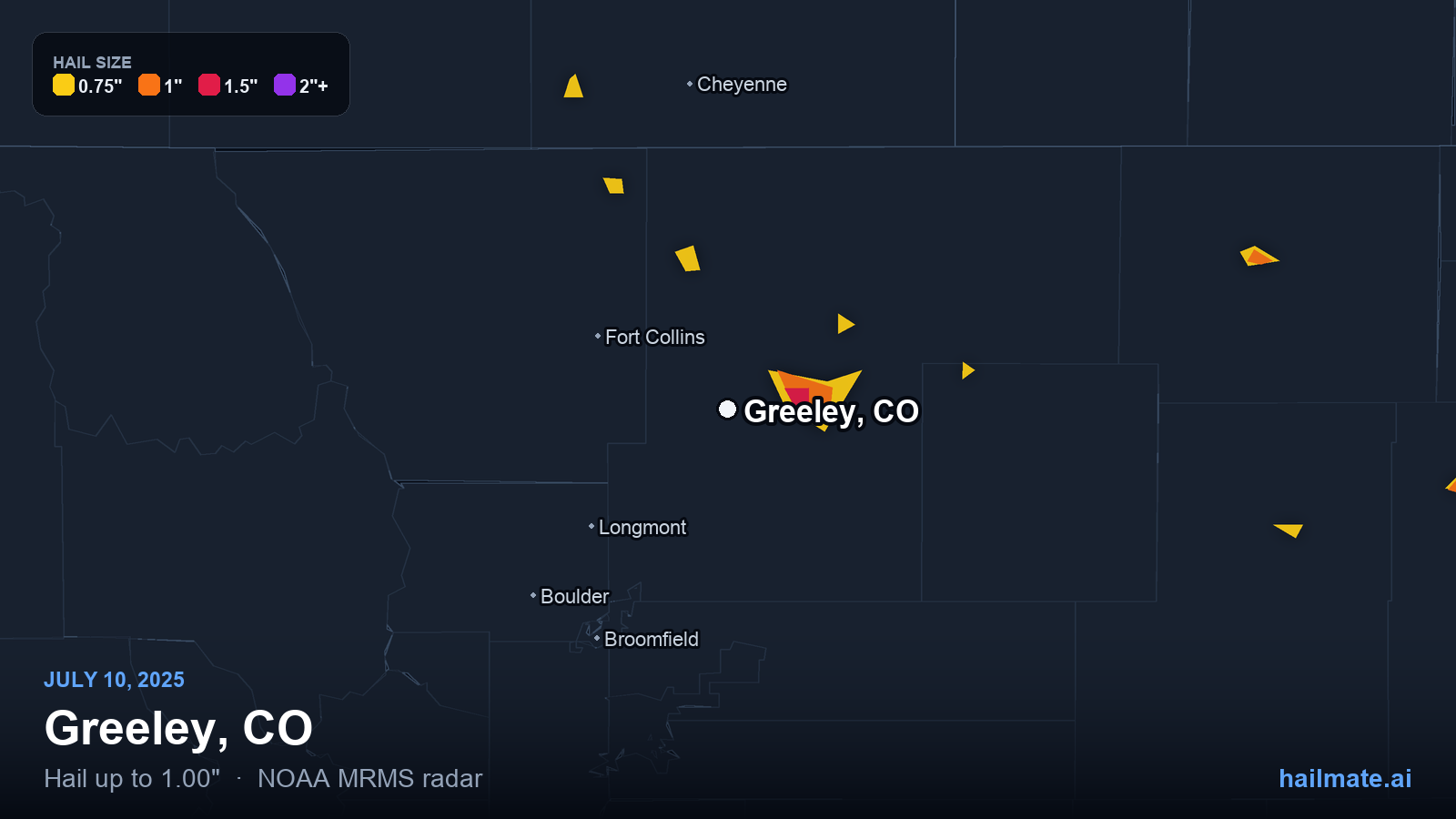 Hail swath map for Greeley, CO on July 10, 2025 showing 1.00 inch hail.