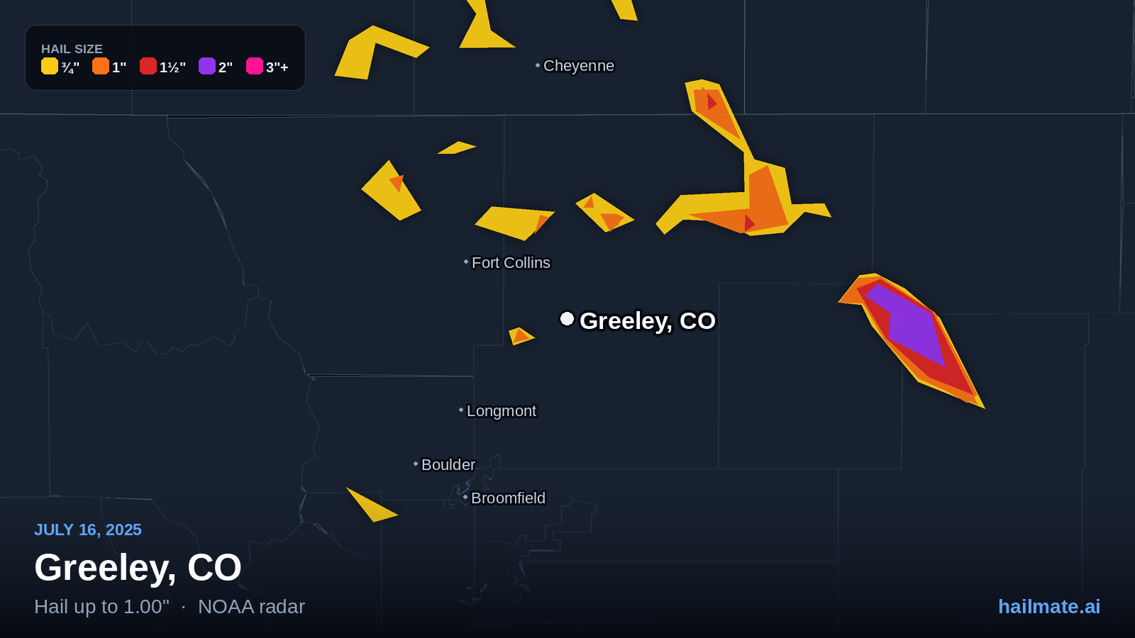 Hail swath map for Greeley, CO on July 16, 2025 showing 1.00 inch hail.