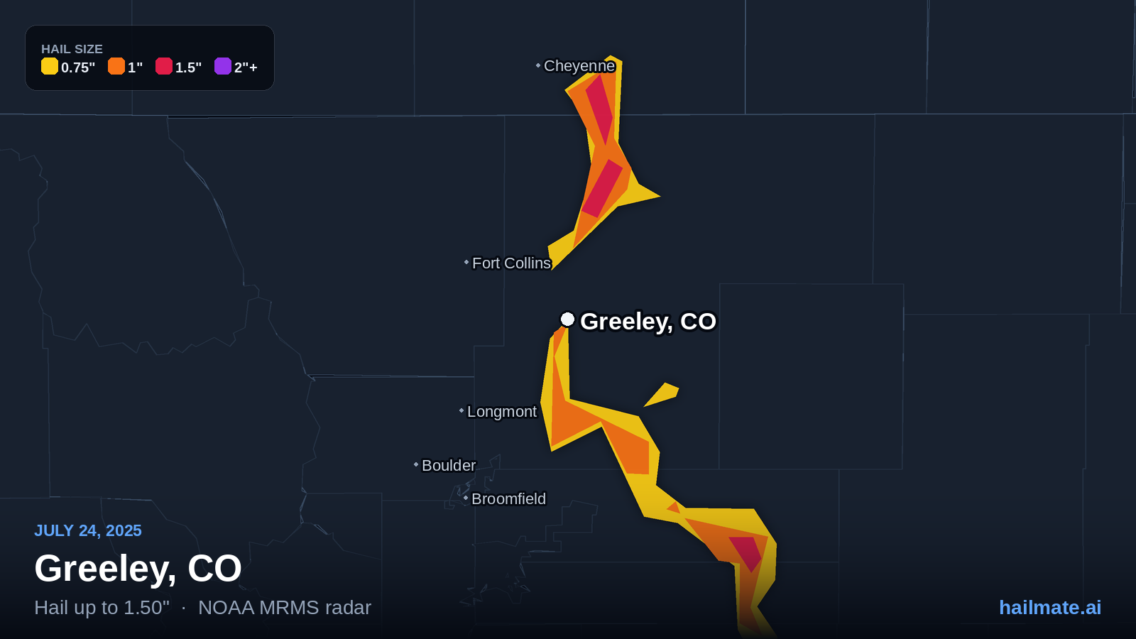 Hail swath map for Greeley, CO on July 24, 2025 showing 1.50 inch hail.