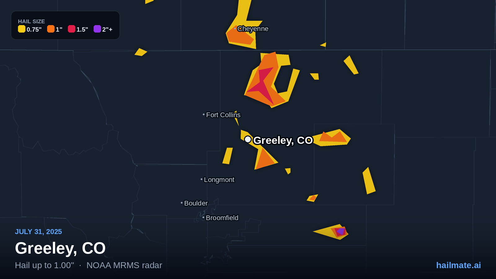 Hail swath map for Greeley, CO on July 31, 2025 showing 1.00 inch hail.