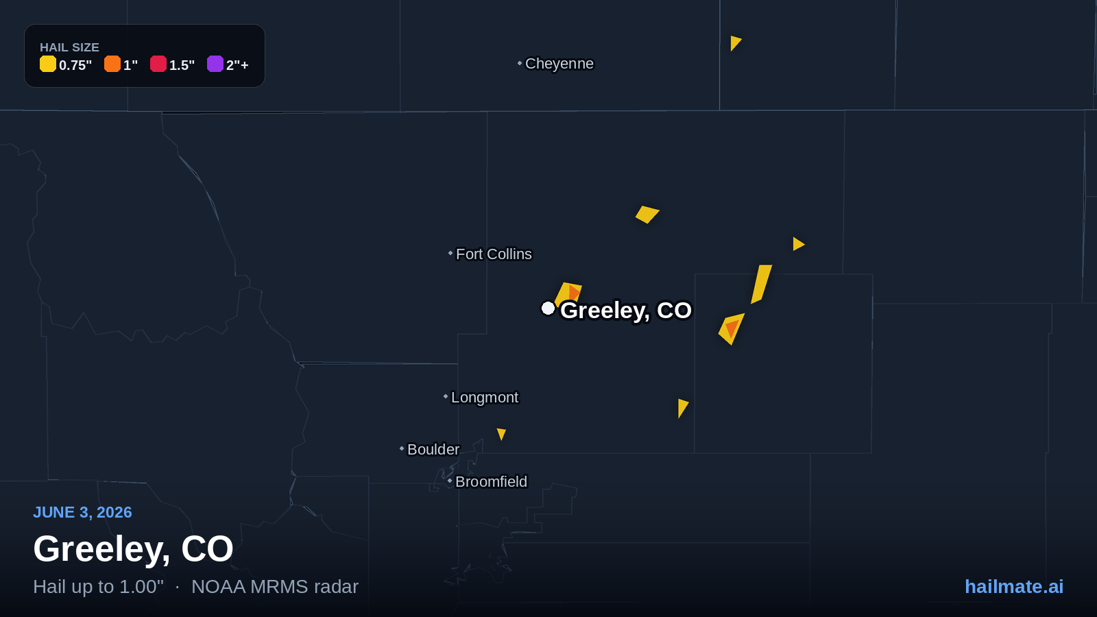 Hail swath map for Greeley, CO on June 3, 2026 showing 1.00 inch hail.