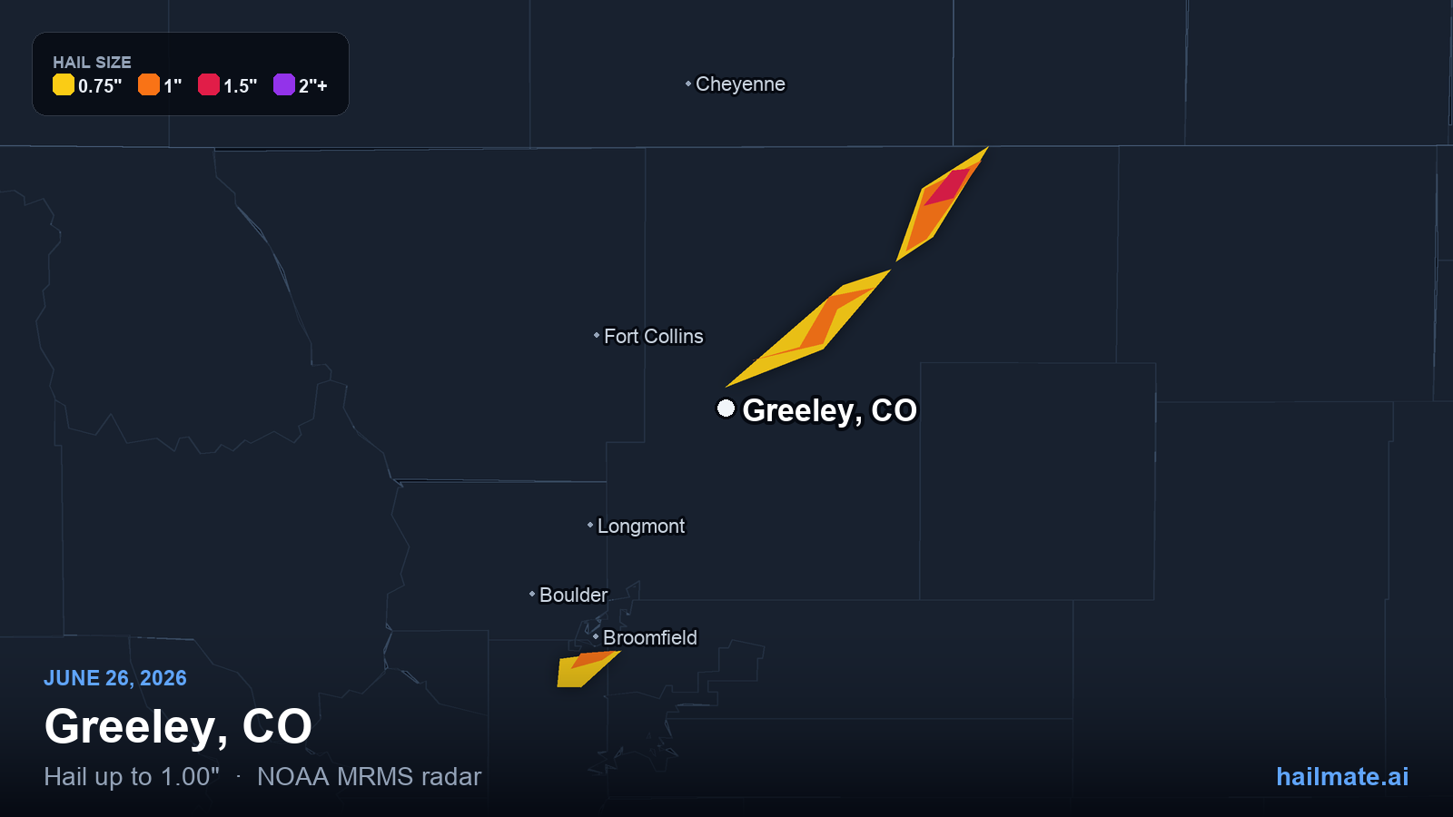 Hail swath map for Greeley, CO on June 26, 2026 showing 1.00 inch hail.