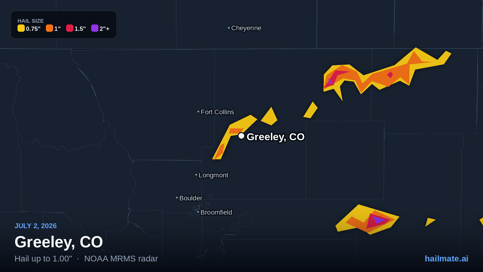 Hail swath map for Greeley, CO on July 2, 2026 showing 1.00 inch hail.
