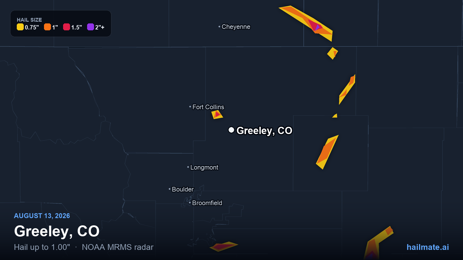Hail swath map for Greeley, CO on August 13, 2026 showing 1.00 inch hail.
