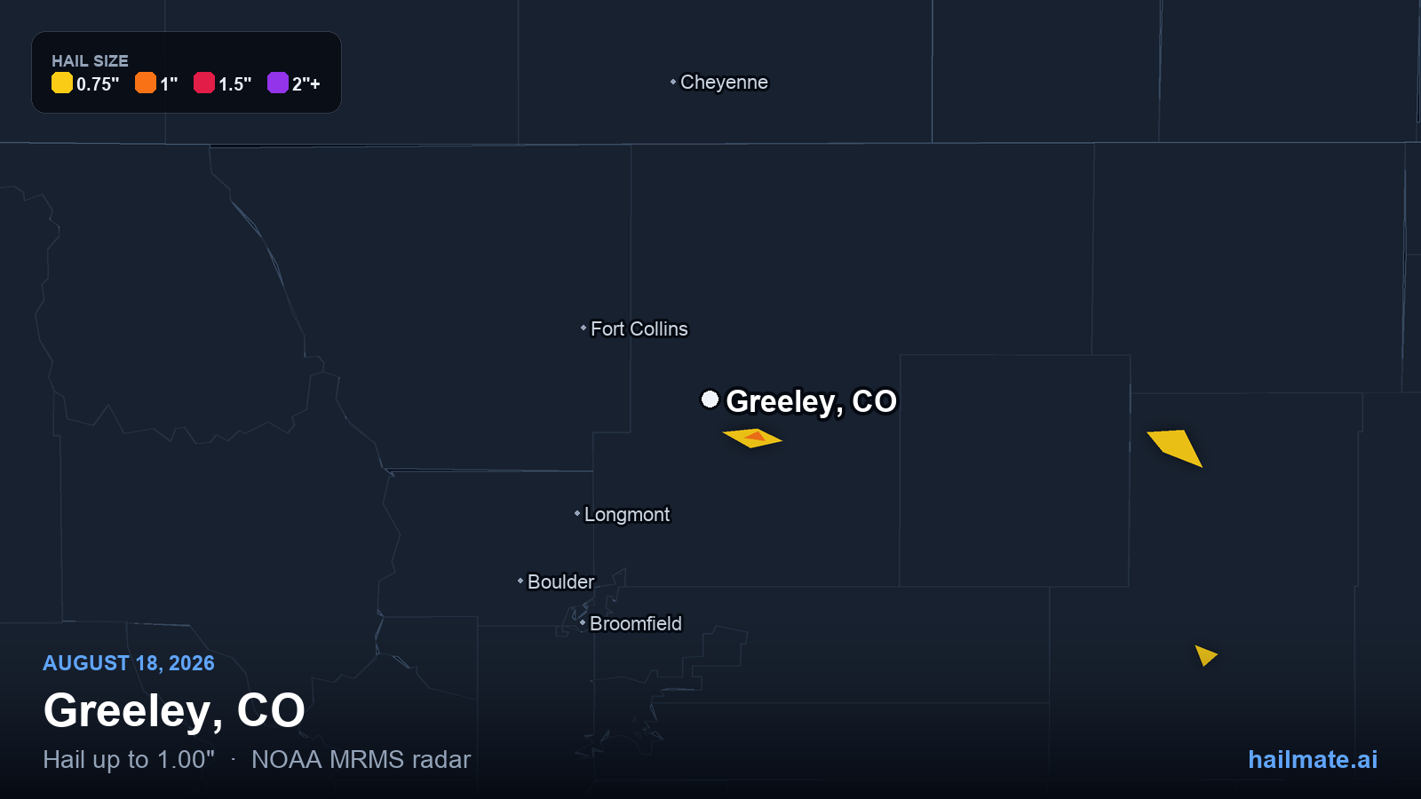 Hail swath map for Greeley, CO on August 18, 2026 showing 1.00 inch hail.