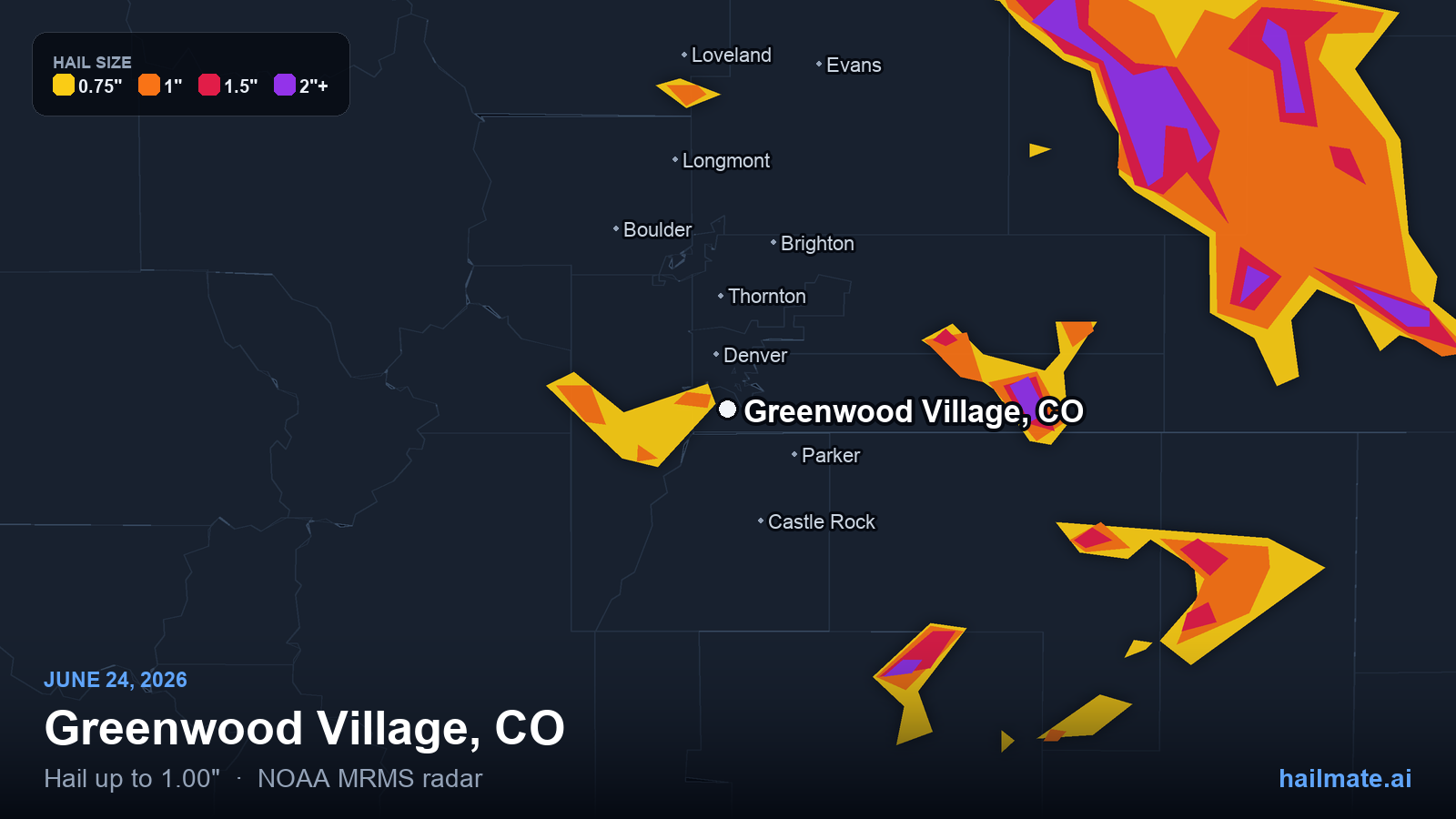 Hail swath map for Greenwood Village, CO on June 24, 2026 showing 1.00 inch hail.