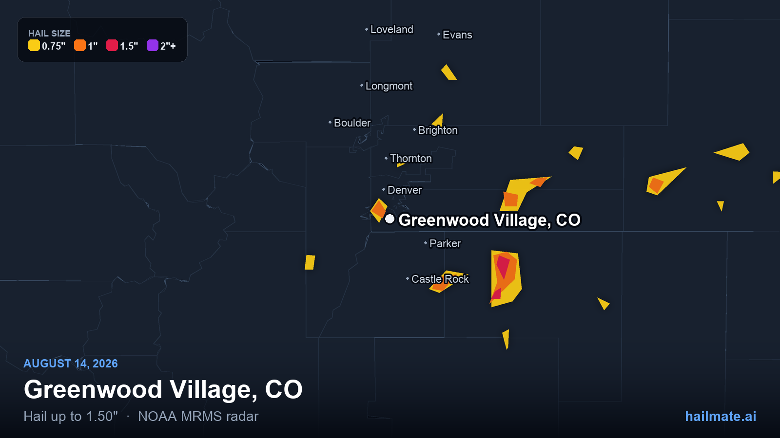 Hail swath map for Greenwood Village, CO on August 14, 2026 showing 1.50 inch hail.