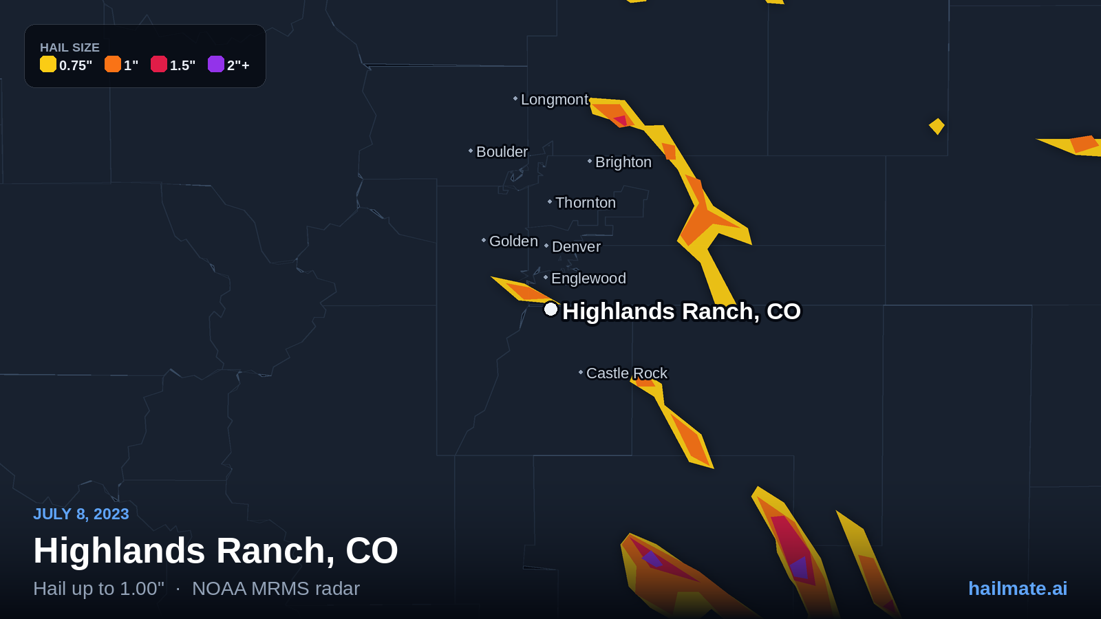 Hail swath map for Highlands Ranch, CO on July 8, 2023 showing 1.00 inch hail.