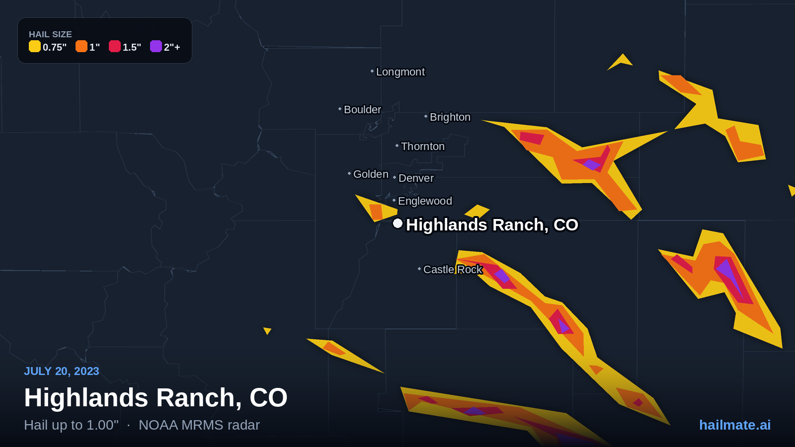 Hail swath map for Highlands Ranch, CO on July 20, 2023 showing 1.00 inch hail.