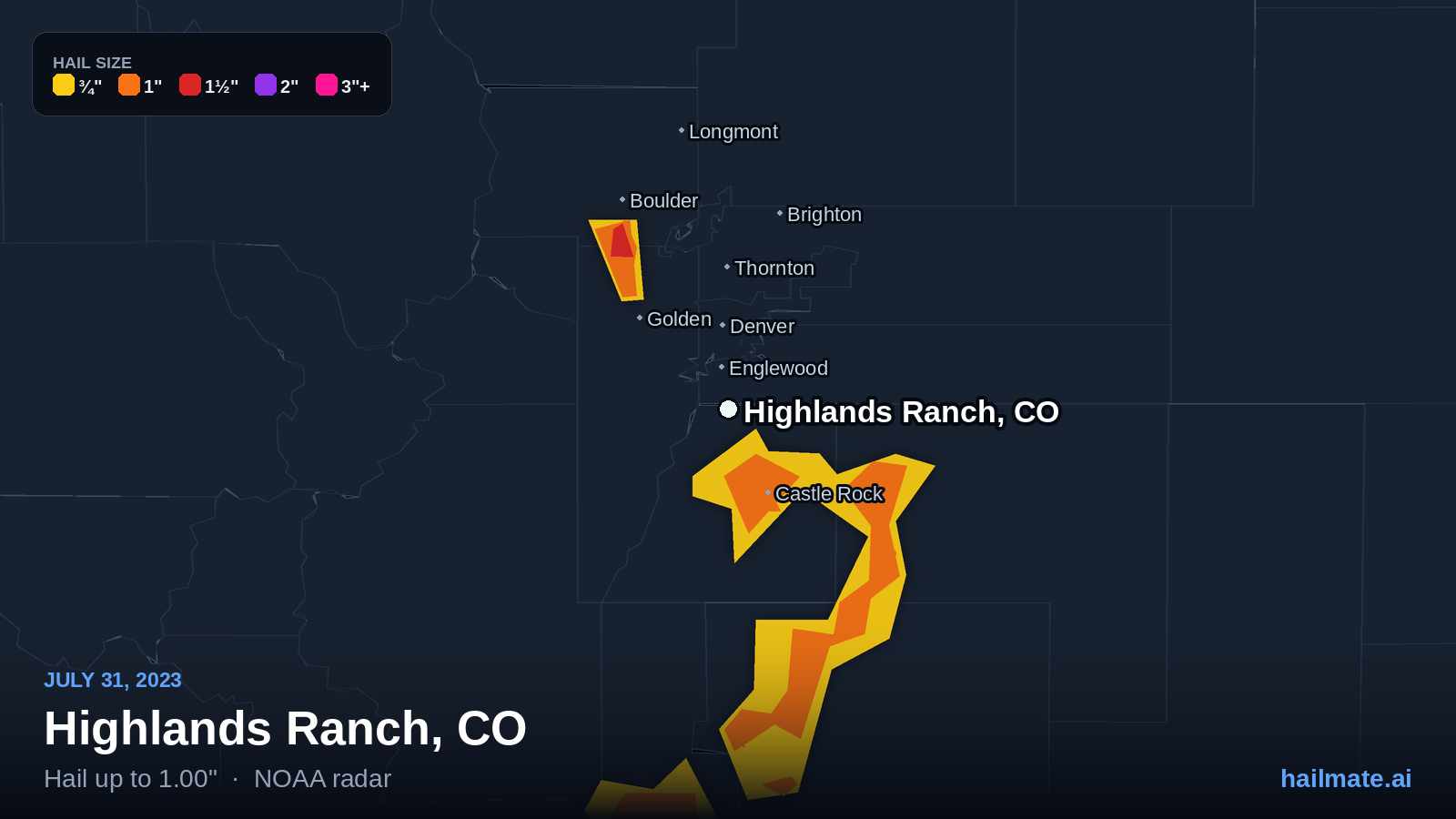 Hail swath map for Highlands Ranch, CO on July 31, 2023 showing 1.00 inch hail.