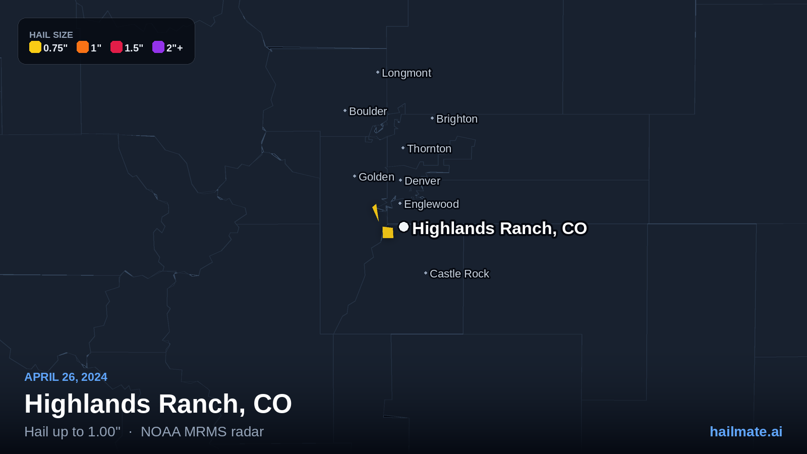 Hail swath map for Highlands Ranch, CO on April 26, 2024 showing 1.00 inch hail.