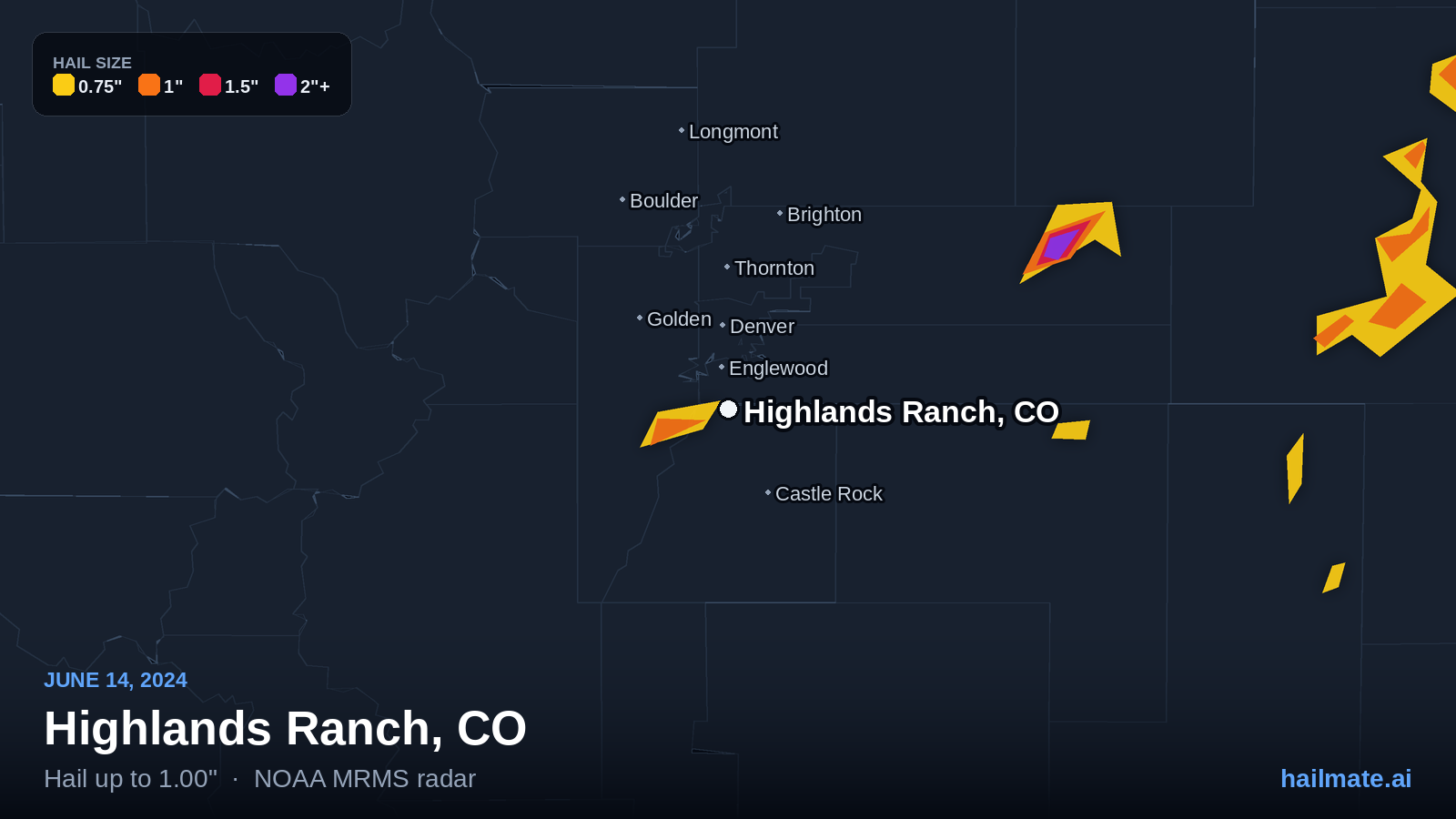 Hail swath map for Highlands Ranch, CO on June 14, 2024 showing 1.00 inch hail.