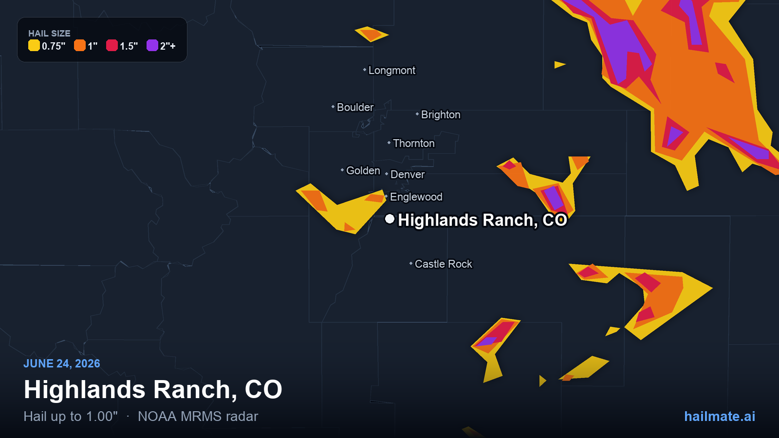 Hail swath map for Highlands Ranch, CO on June 24, 2026 showing 1.00 inch hail.