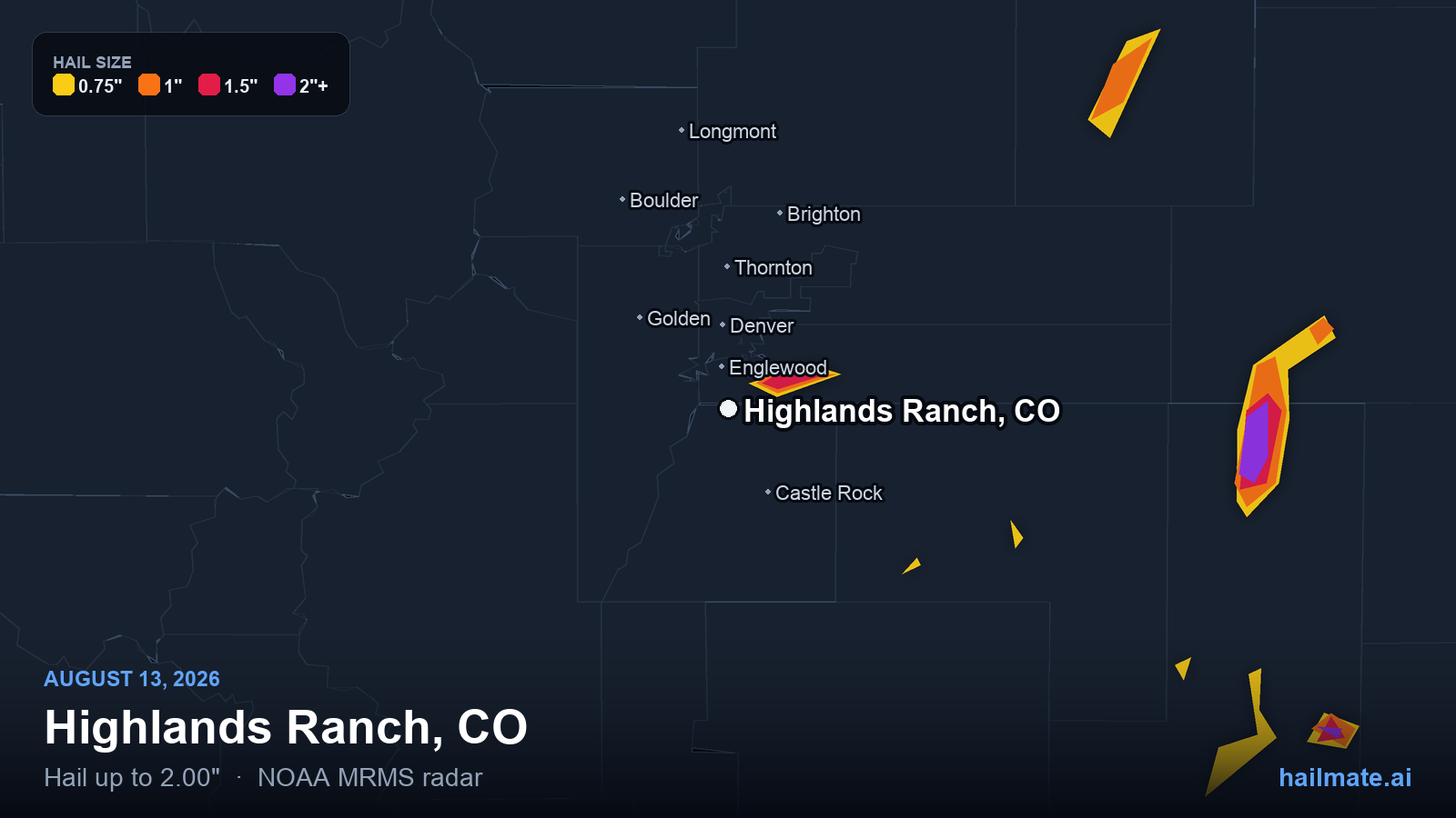 Hail swath map for Highlands Ranch, CO on August 13, 2026 showing 2.00 inch hail.