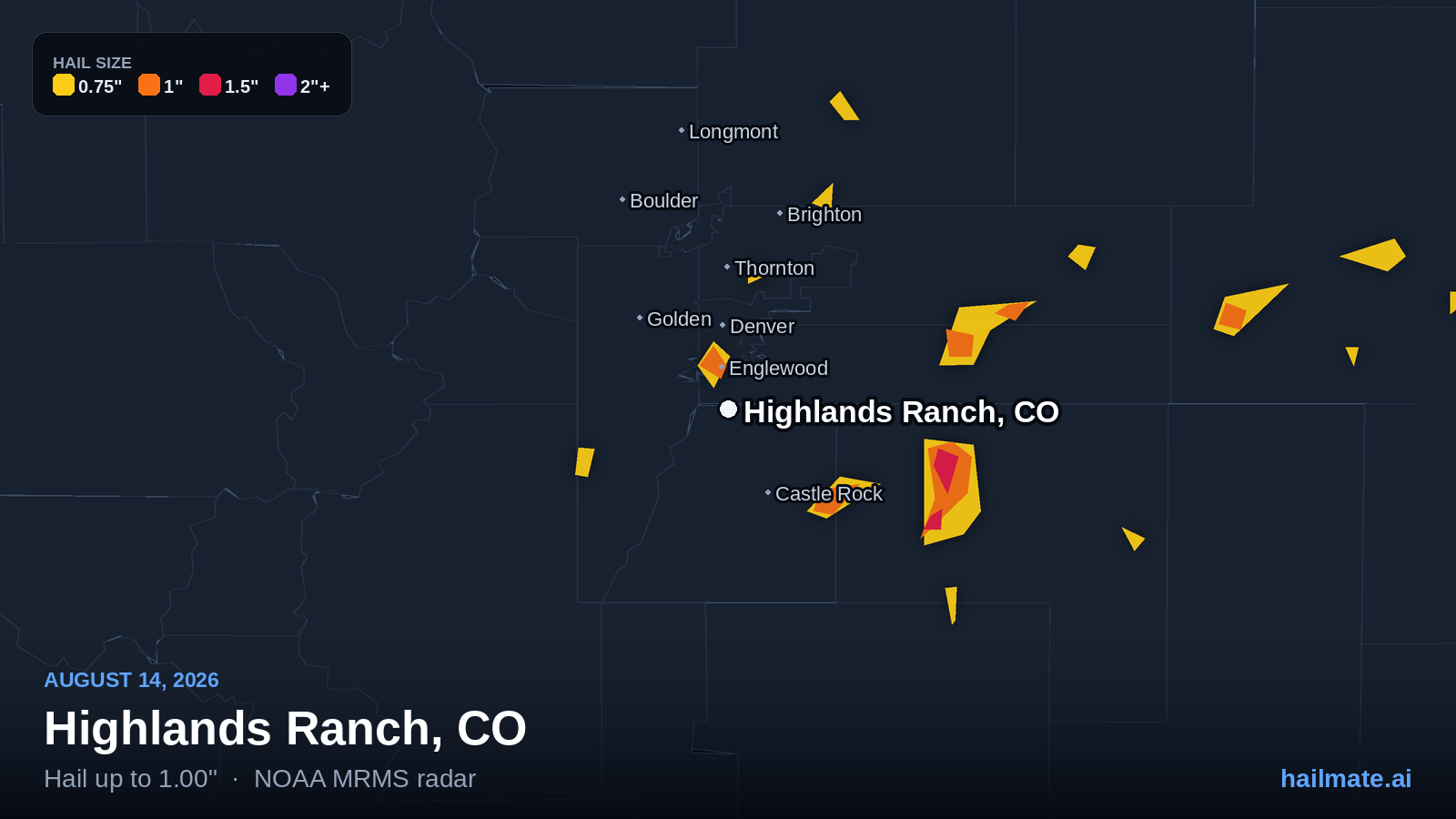 Hail swath map for Highlands Ranch, CO on August 14, 2026 showing 1.00 inch hail.