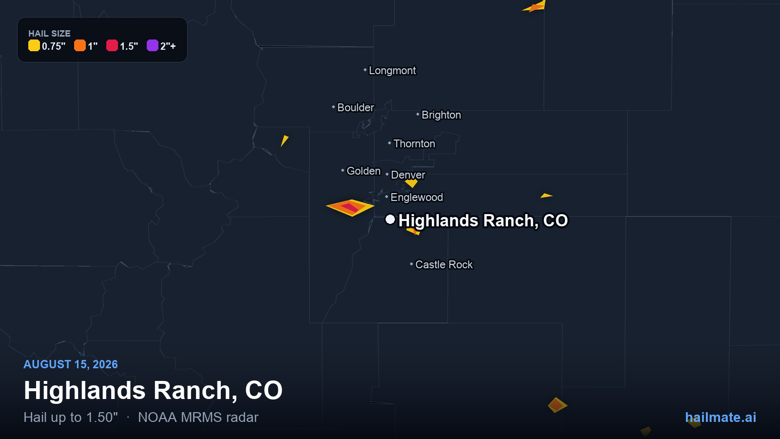 Hail swath map for Highlands Ranch, CO on August 15, 2026 showing 1.50 inch hail.