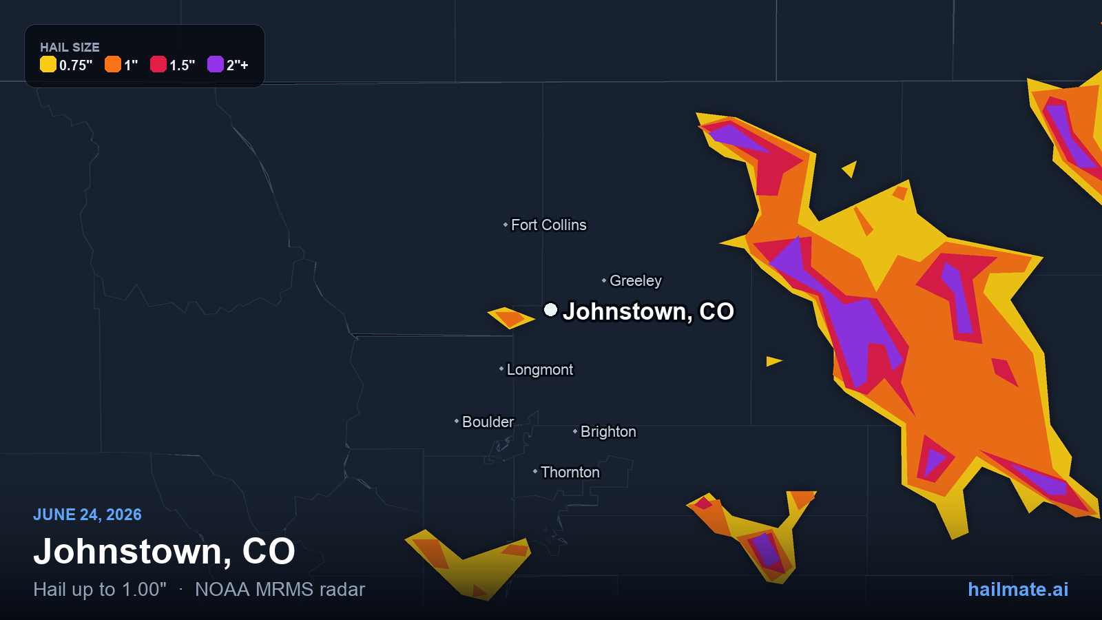 Hail swath map for Johnstown, CO on June 24, 2026 showing 1.00 inch hail.