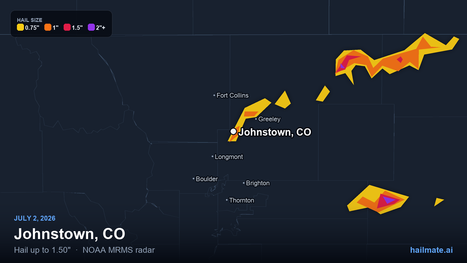 Hail swath map for Johnstown, CO on July 2, 2026 showing 1.50 inch hail.