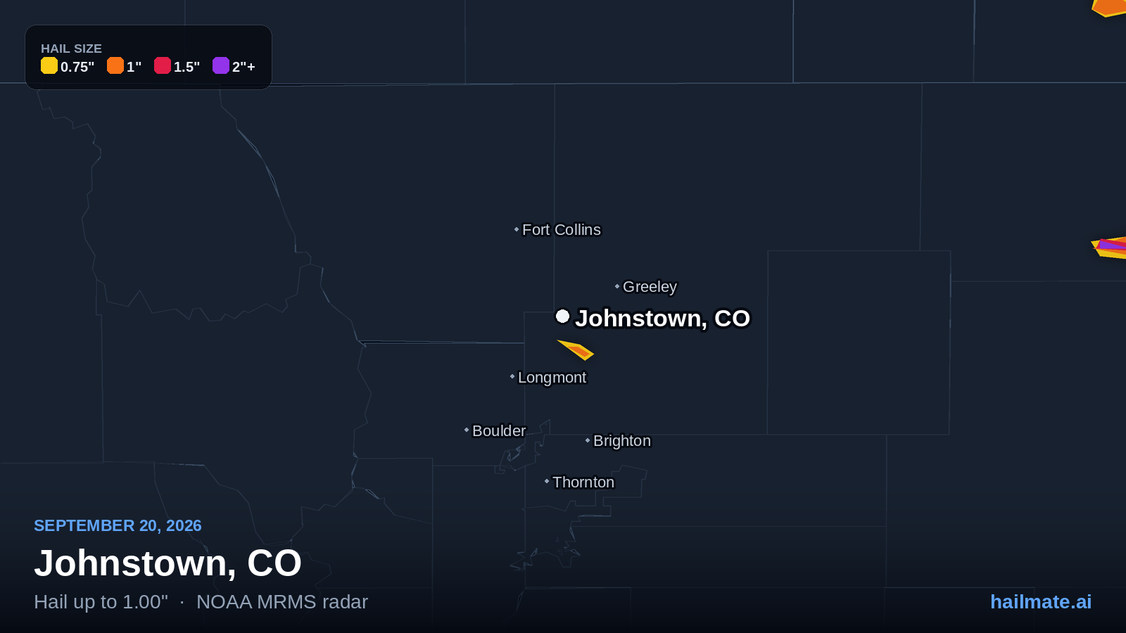 Hail swath map for Johnstown, CO on September 20, 2026 showing 1.00 inch hail.