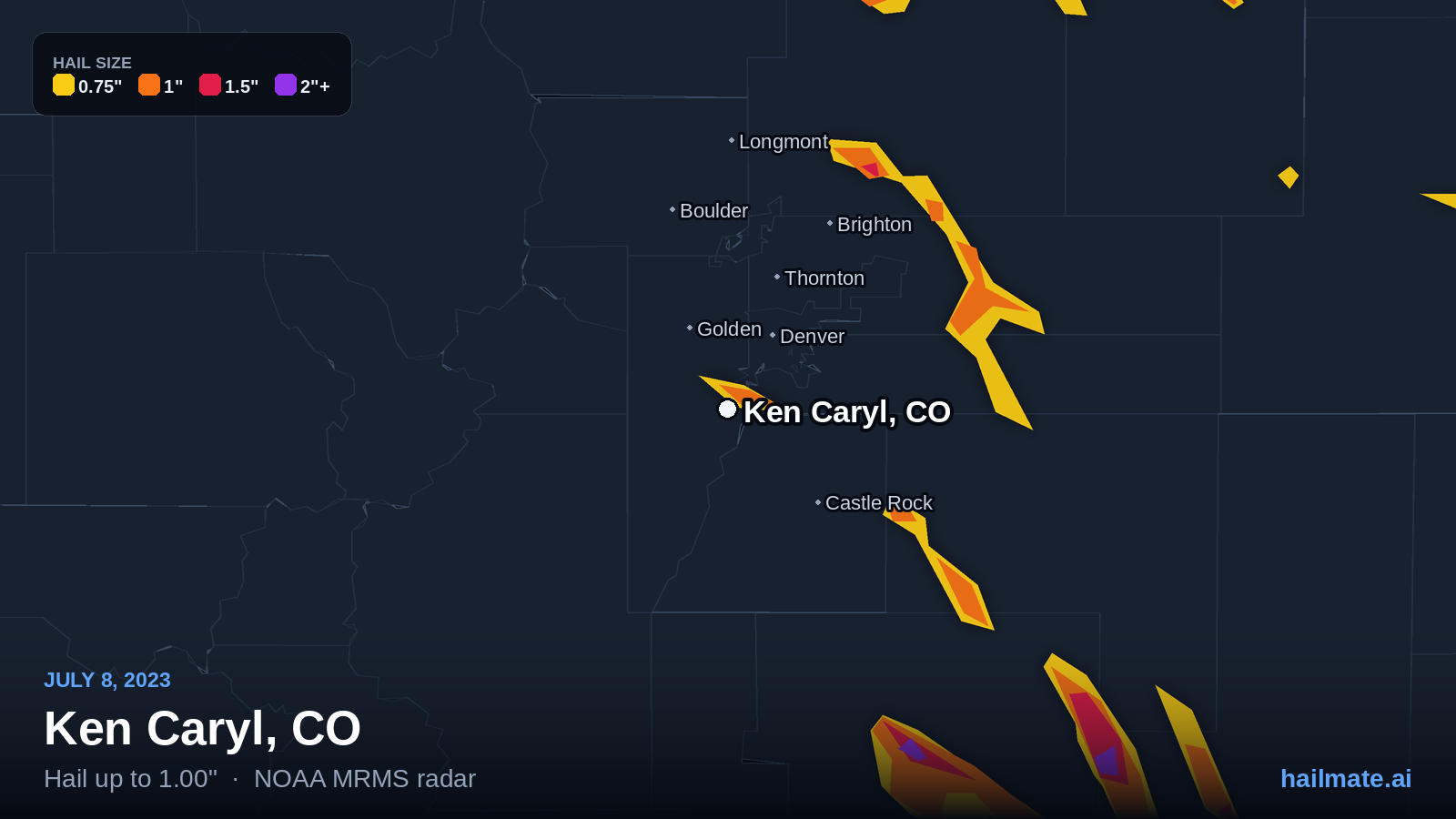 Hail swath map for Ken Caryl, CO on July 8, 2023 showing 1.00 inch hail.