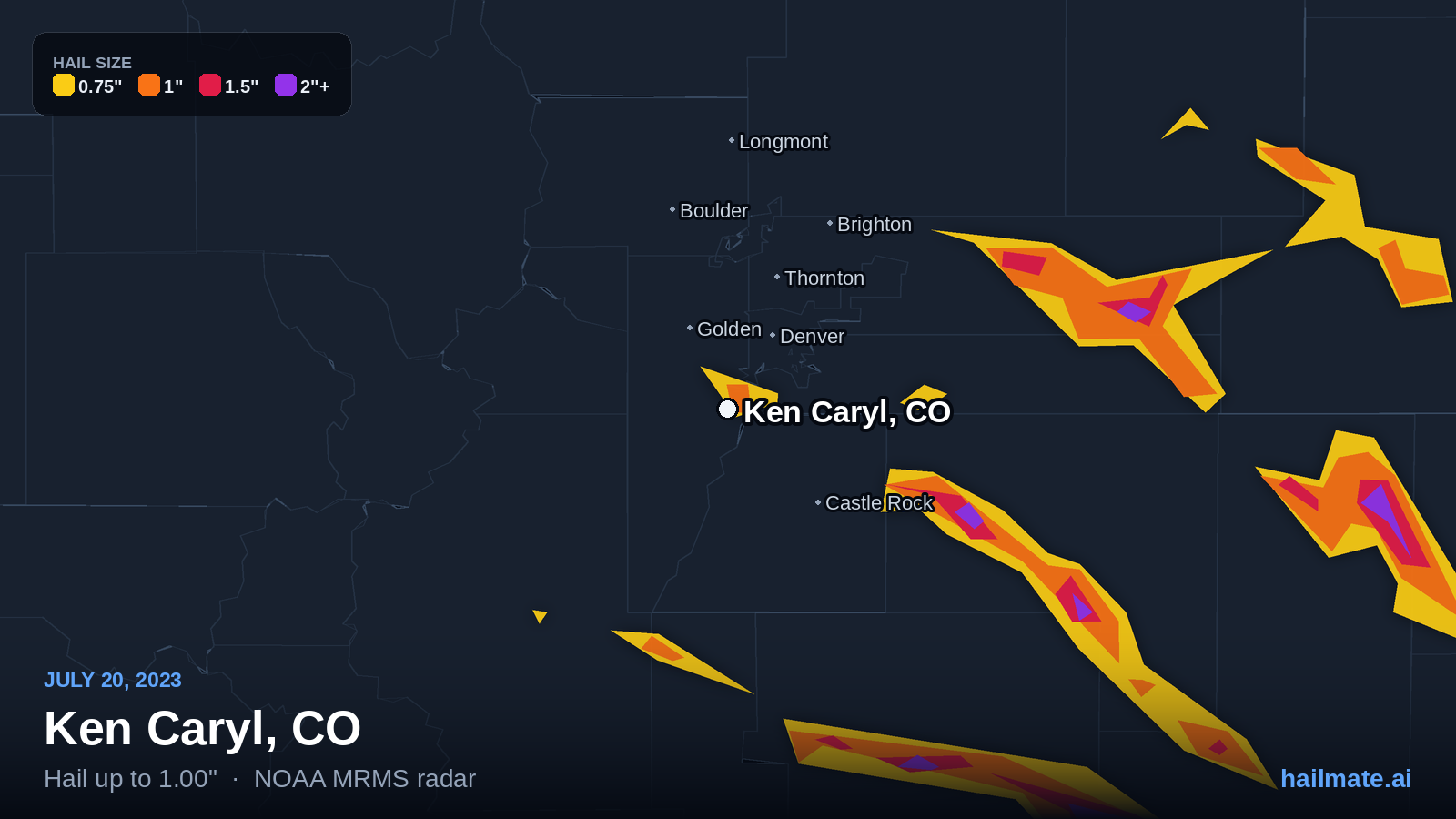 Hail swath map for Ken Caryl, CO on July 20, 2023 showing 1.00 inch hail.