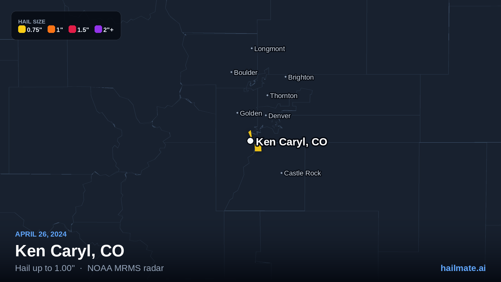 Hail swath map for Ken Caryl, CO on April 26, 2024 showing 1.00 inch hail.