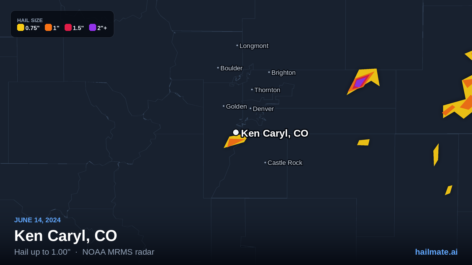 Hail swath map for Ken Caryl, CO on June 14, 2024 showing 1.00 inch hail.