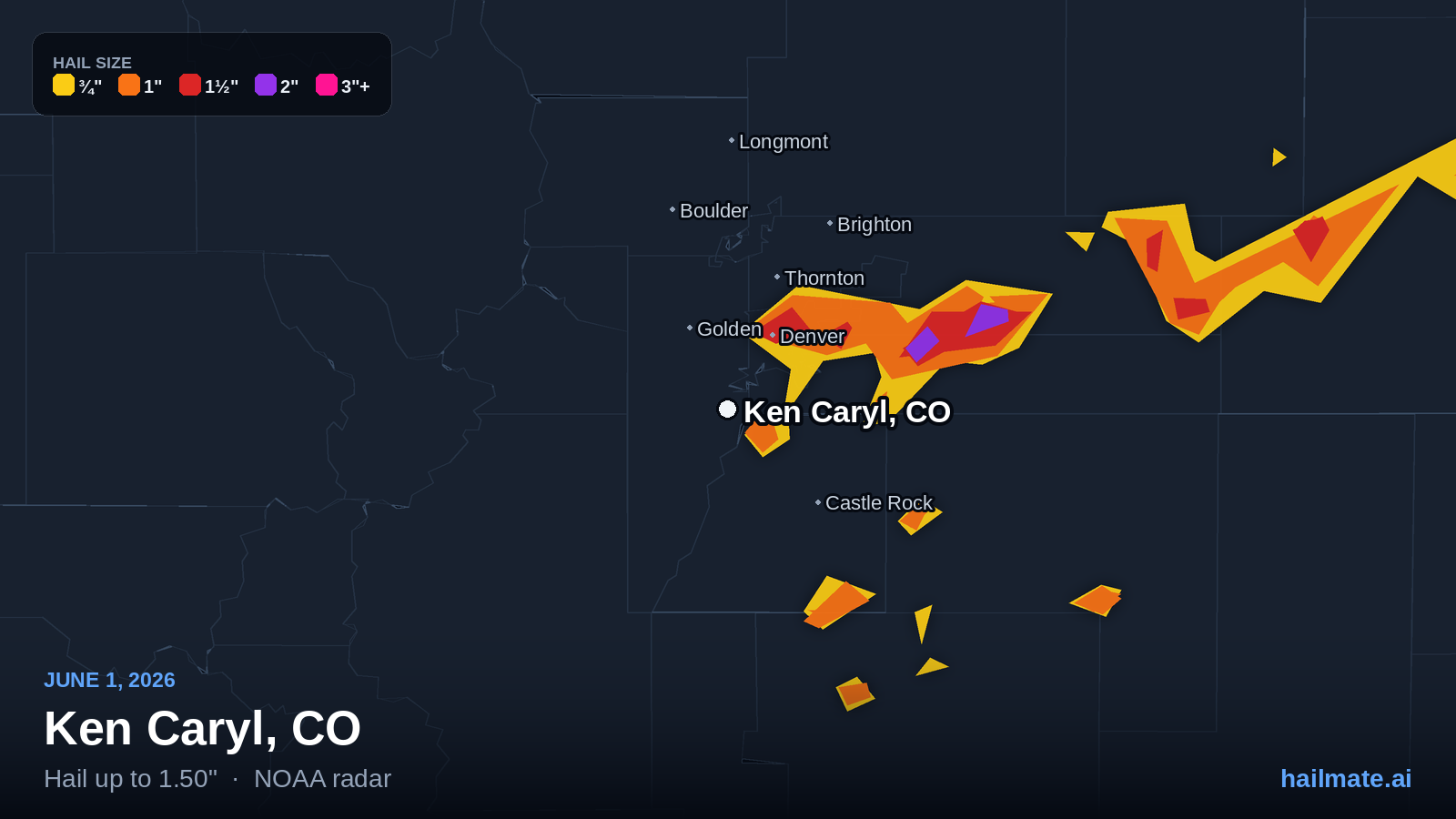 Hail swath map for Ken Caryl, CO on June 1, 2026 showing 1.50 inch hail.