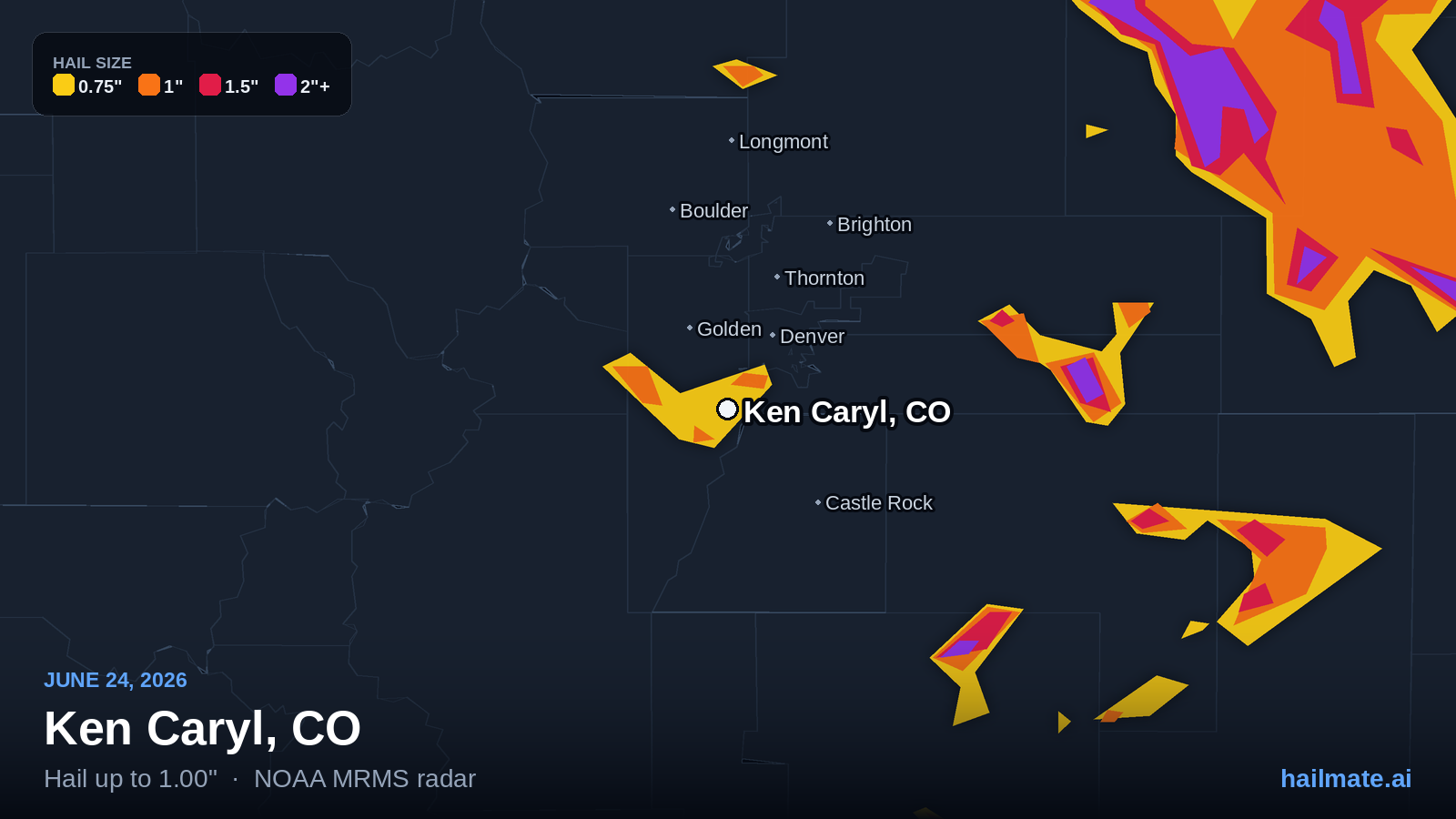 Hail swath map for Ken Caryl, CO on June 24, 2026 showing 1.00 inch hail.