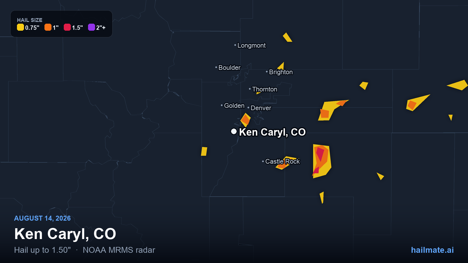 Hail swath map for Ken Caryl, CO on August 14, 2026 showing 1.50 inch hail.