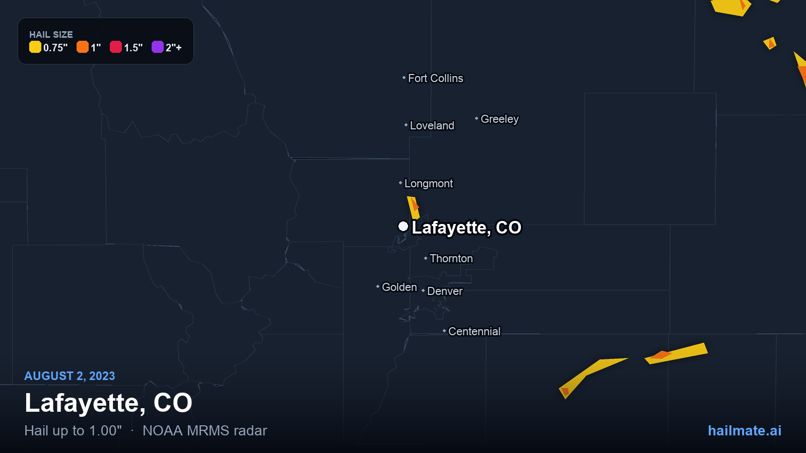 Hail swath map for Lafayette, CO on August 2, 2023 showing 1.00 inch hail.