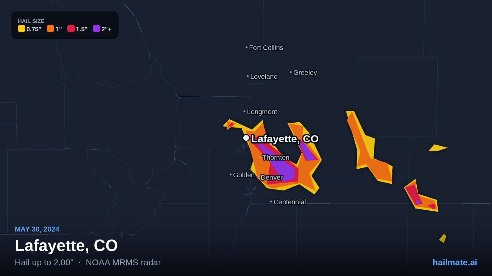 Hail swath map for Lafayette, CO on May 30, 2024 showing 2.00 inch hail.