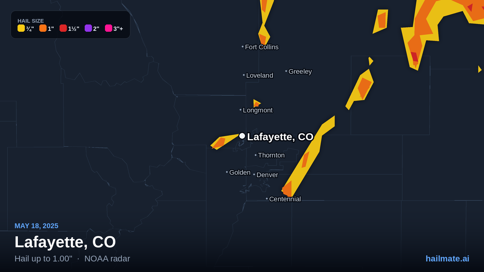 Hail swath map for Lafayette, CO on May 18, 2025 showing 1.00 inch hail.
