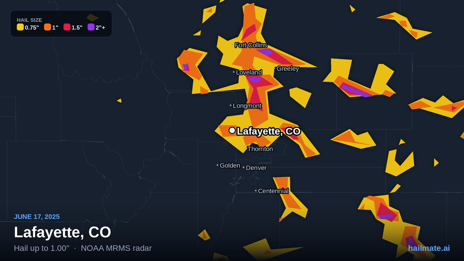 Hail swath map for Lafayette, CO on June 17, 2025 showing 1.00 inch hail.