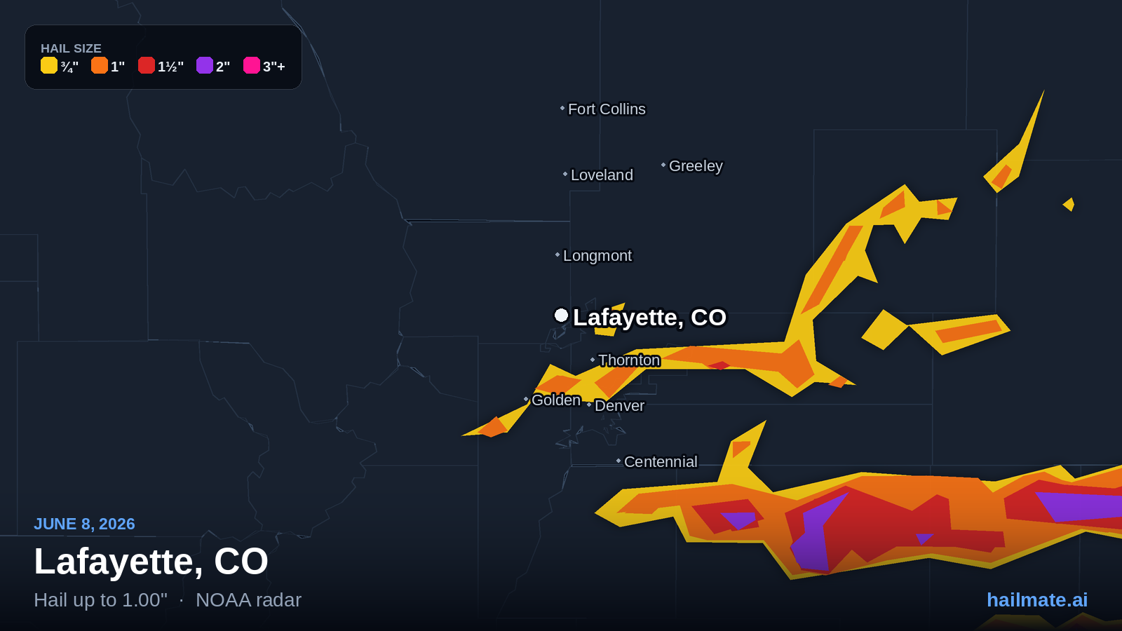 Hail swath map for Lafayette, CO on June 8, 2026 showing 1.00 inch hail.