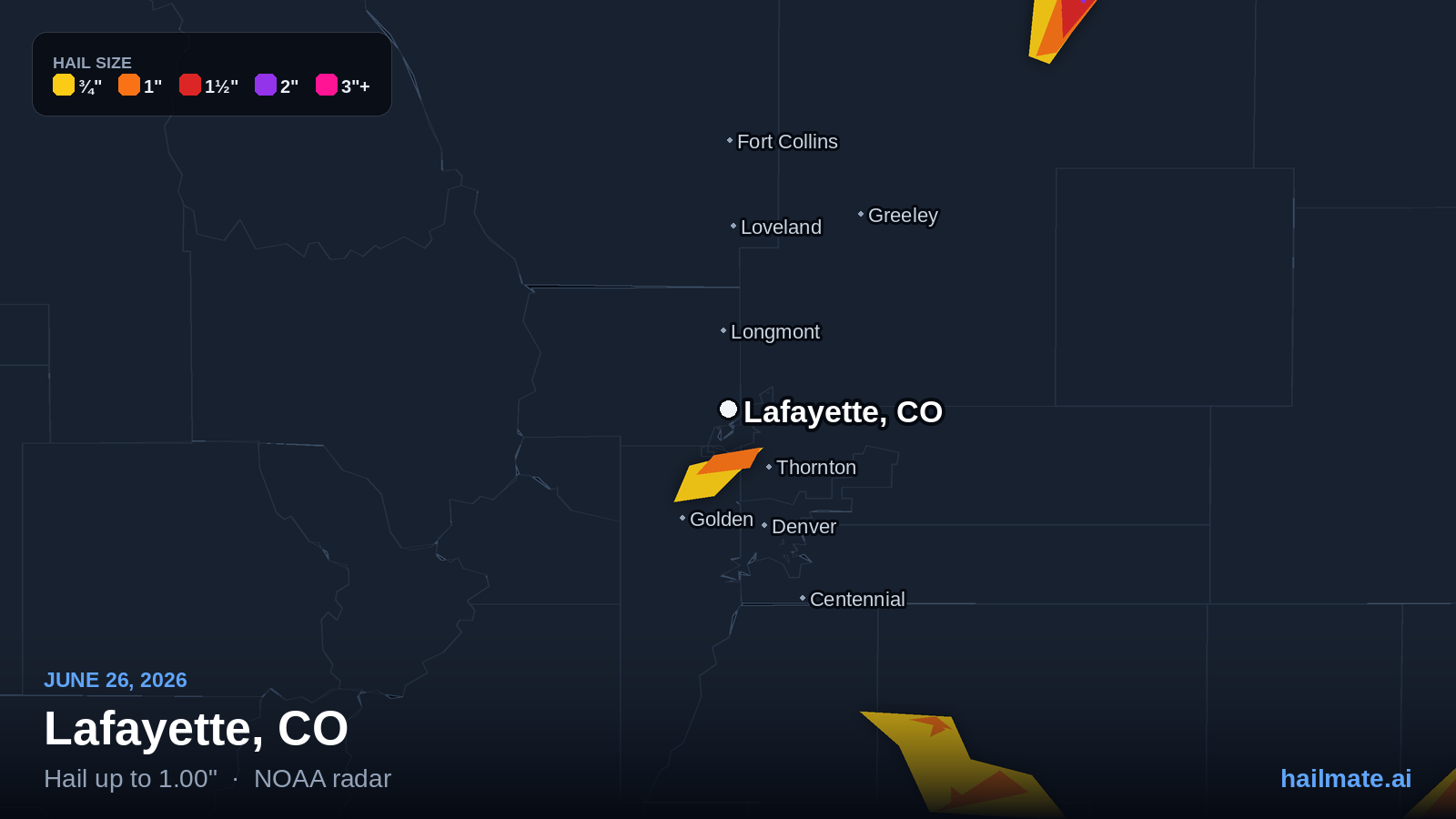 Hail swath map for Lafayette, CO on June 26, 2026 showing 1.00 inch hail.