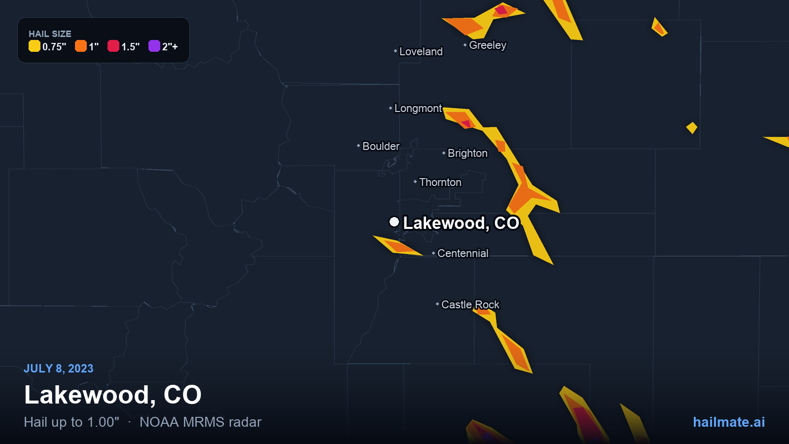 Hail swath map for Lakewood, CO on July 8, 2023 showing 1.00 inch hail.