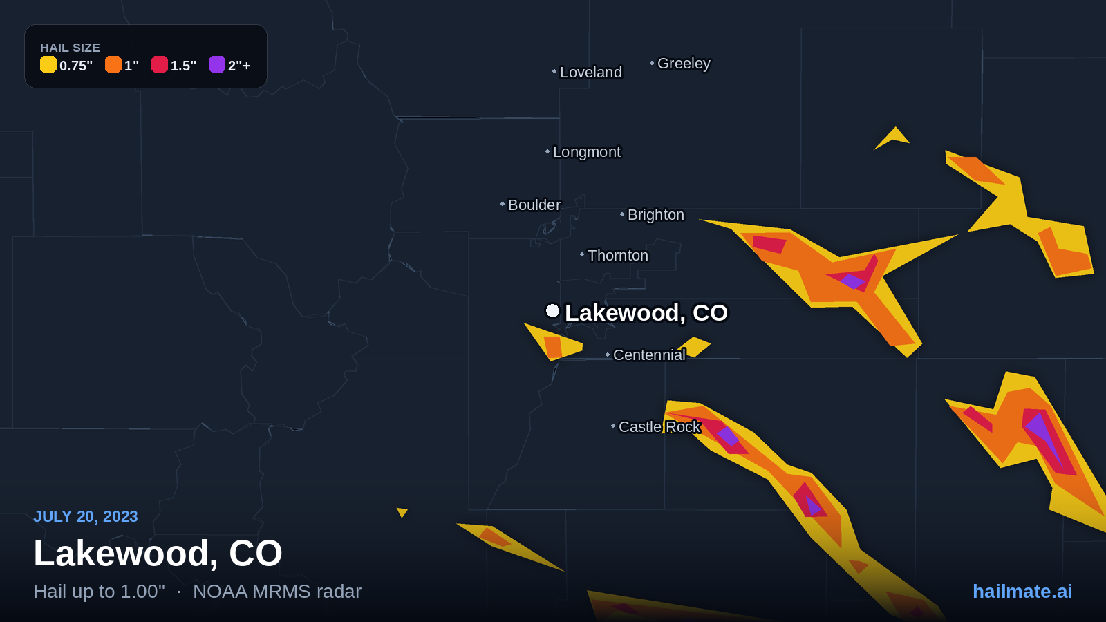 Hail swath map for Lakewood, CO on July 20, 2023 showing 1.00 inch hail.