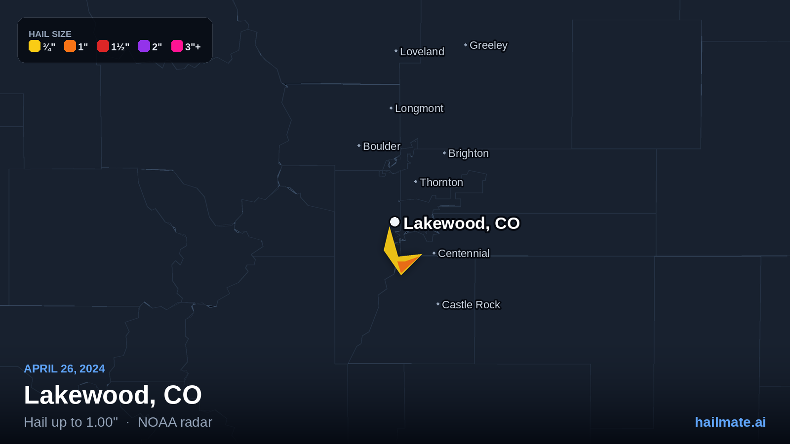 Hail swath map for Lakewood, CO on April 26, 2024 showing 1.00 inch hail.