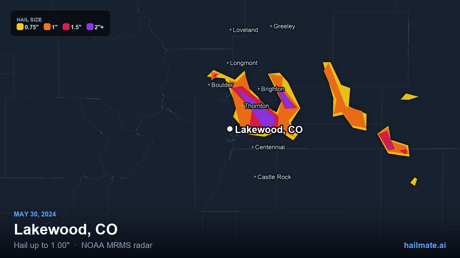 Hail swath map for Lakewood, CO on May 30, 2024 showing 1.00 inch hail.