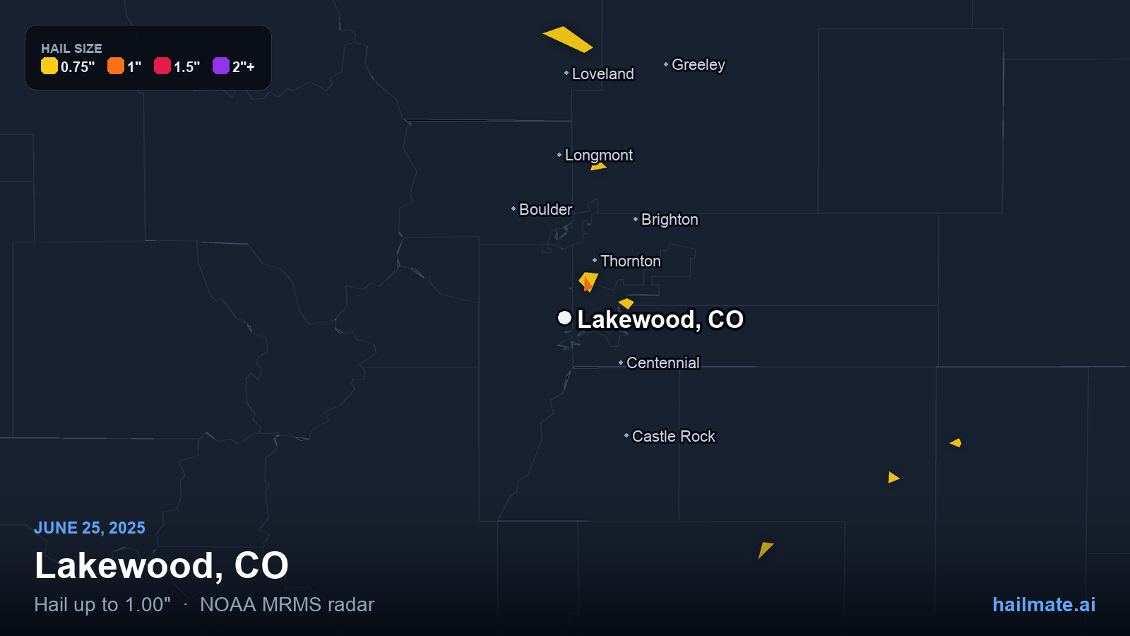 Hail swath map for Lakewood, CO on June 25, 2025 showing 1.00 inch hail.