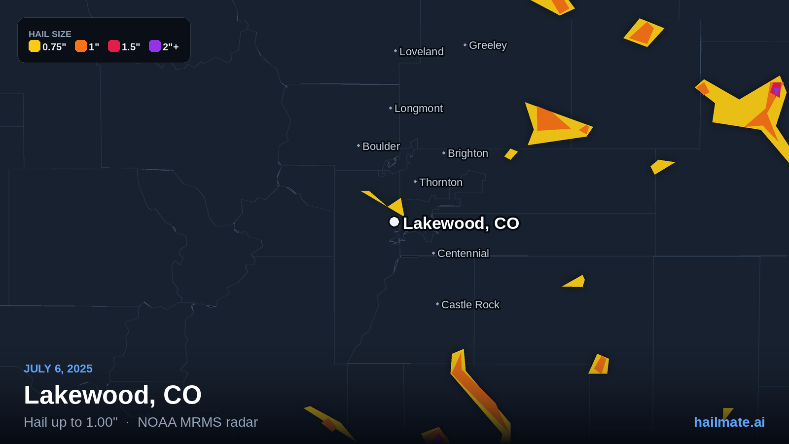Hail swath map for Lakewood, CO on July 6, 2025 showing 1.00 inch hail.