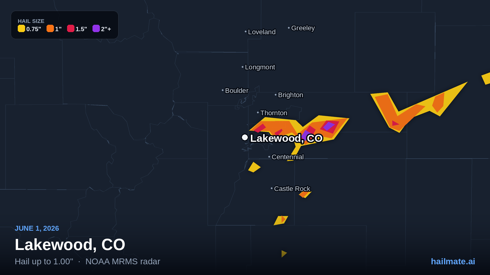 Hail swath map for Lakewood, CO on June 1, 2026 showing 1.00 inch hail.